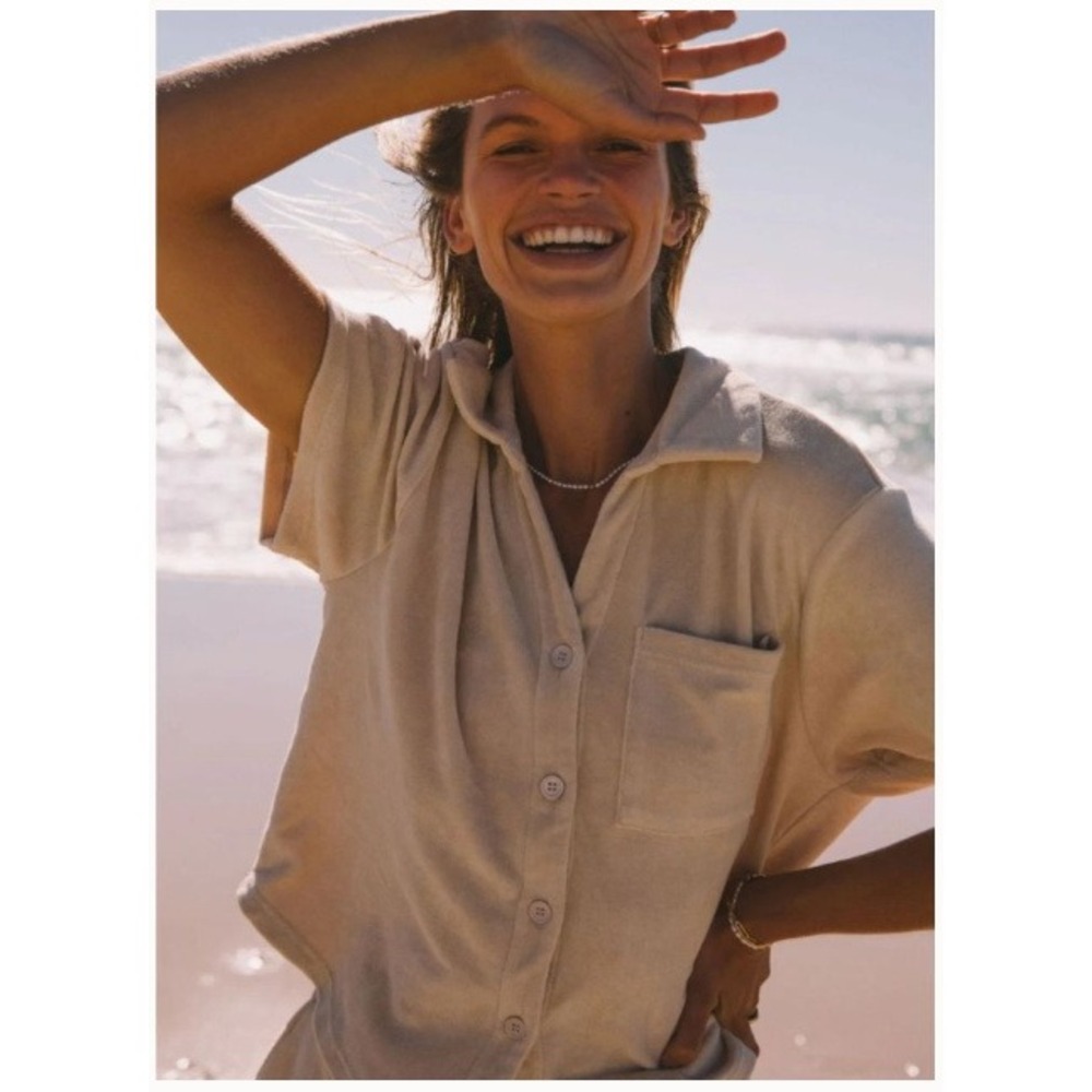 Araminta James Terry Cloth Button Down Shirt Women M Cream Short Sleeve Cotton